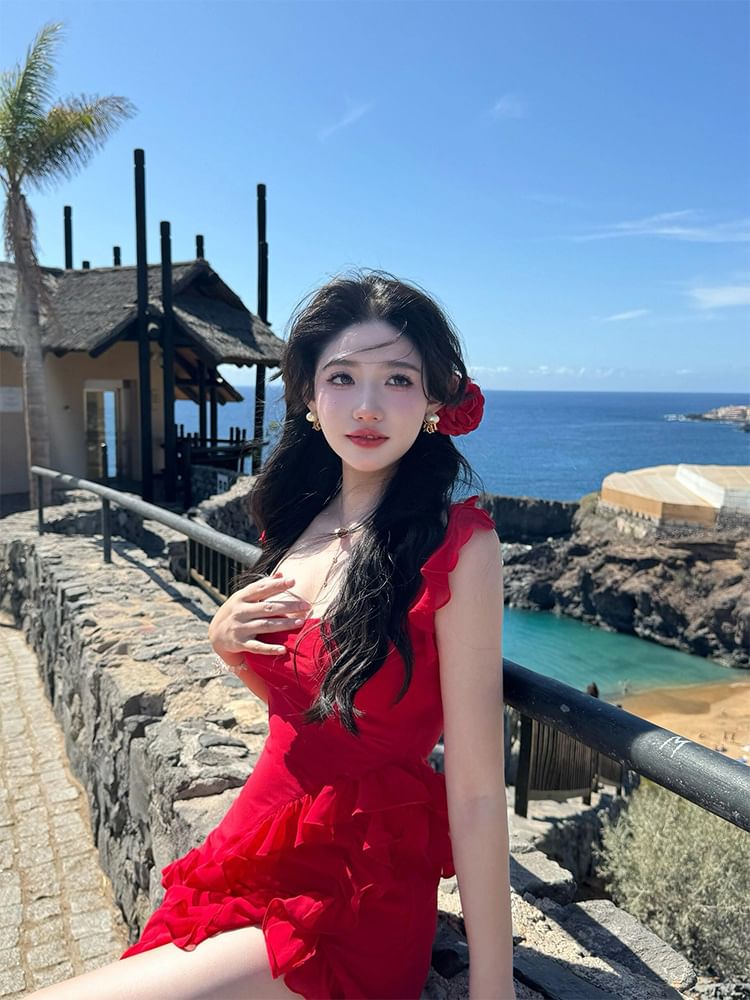 Sleeveless Slit Plain Neck Open Bodycon Trim Square Ruffle Back Maxi Dress