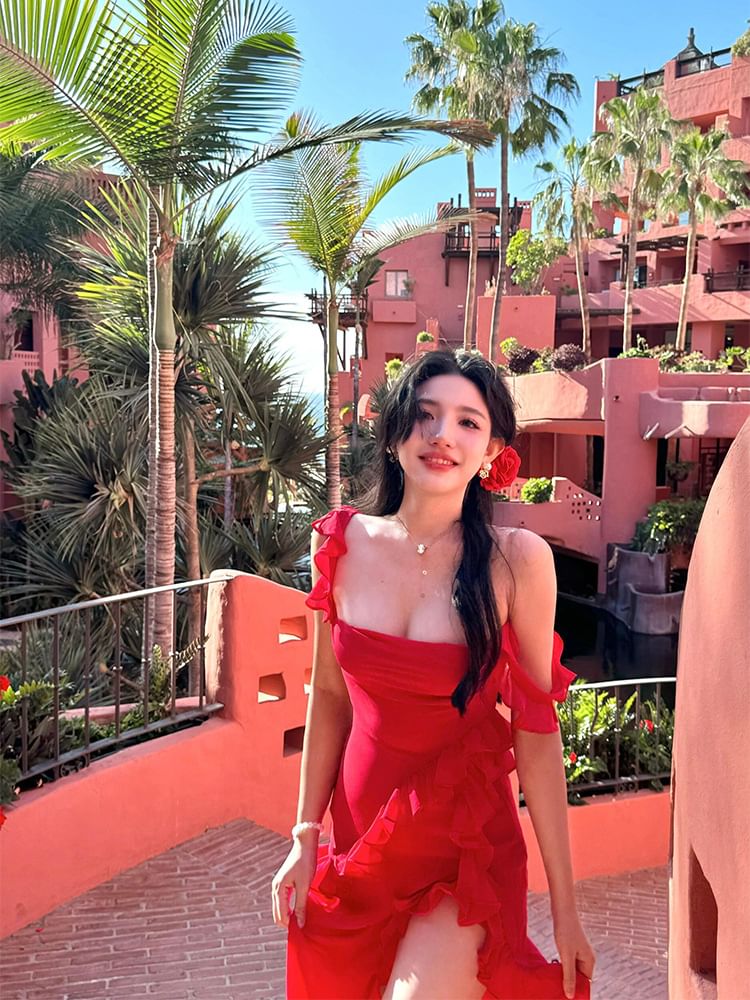 Sleeveless Slit Plain Neck Open Bodycon Trim Square Ruffle Back Maxi Dress