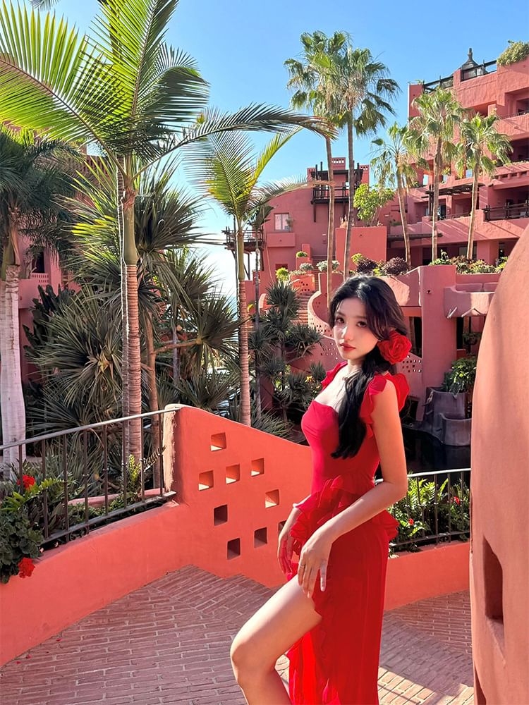 Sleeveless Slit Plain Neck Open Bodycon Trim Square Ruffle Back Maxi Dress