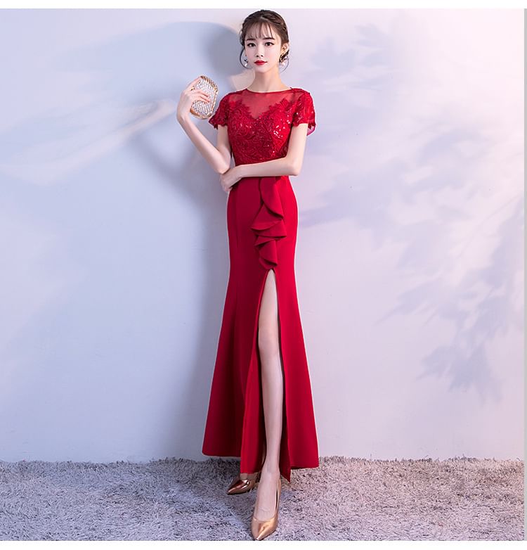 Short-Sleeve Embroidered Sequin Ruffle Side-Slit Mermaid Evening Gown