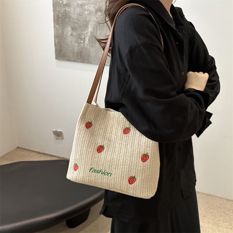 Embroidered Tote Bag With Faux Leather Strap