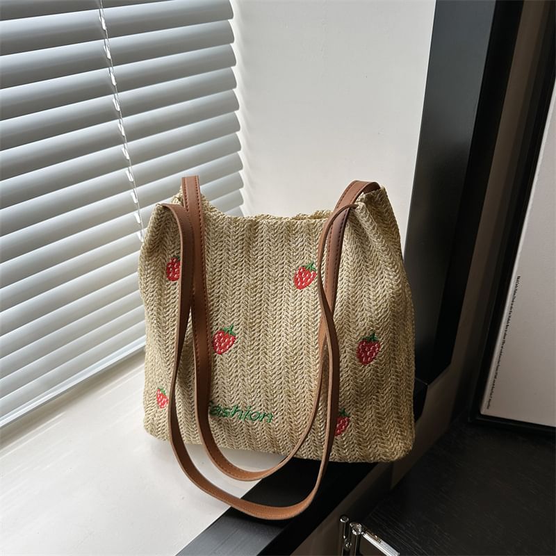 Embroidered Tote Bag With Faux Leather Strap