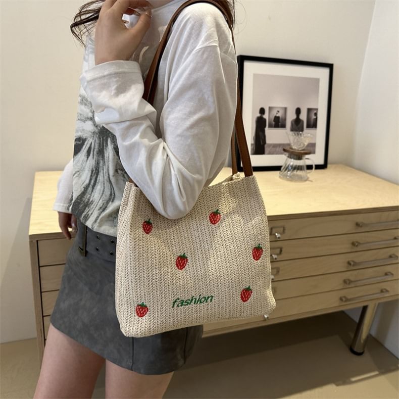 Embroidered Tote Bag With Faux Leather Strap