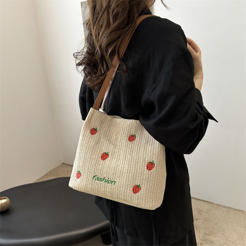 Embroidered Tote Bag With Faux Leather Strap