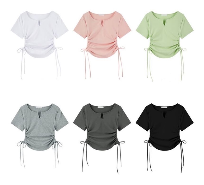 Short-Sleeve Notch Tee Drawstring Plain Waist Neck