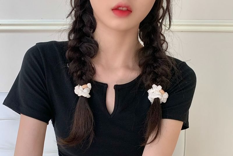 Short-Sleeve Notch Tee Drawstring Plain Waist Neck