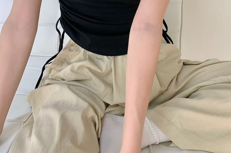 Short-Sleeve Notch Tee Drawstring Plain Waist Neck