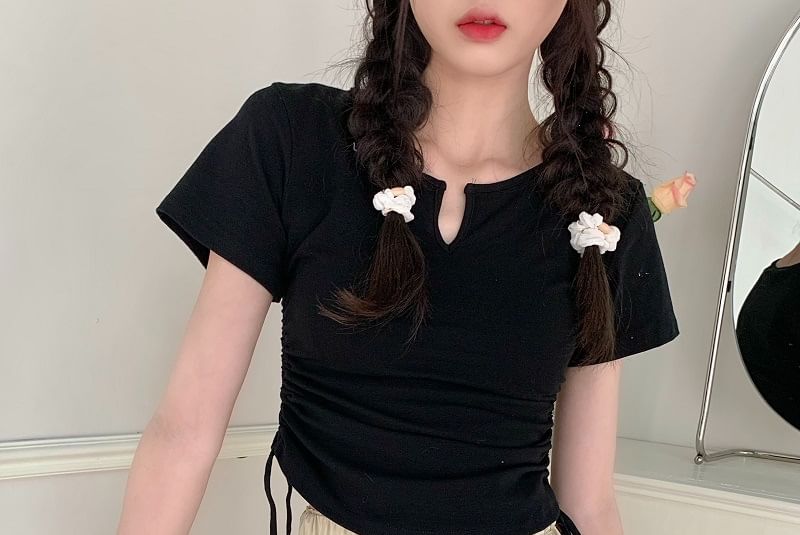 Short-Sleeve Notch Tee Drawstring Plain Waist Neck