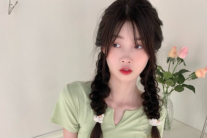 Short-Sleeve Notch Tee Drawstring Plain Waist Neck