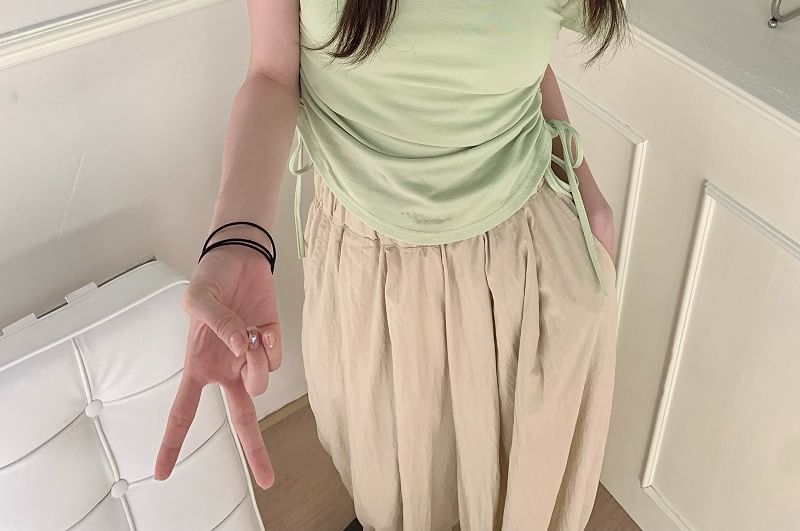 Short-Sleeve Notch Tee Drawstring Plain Waist Neck