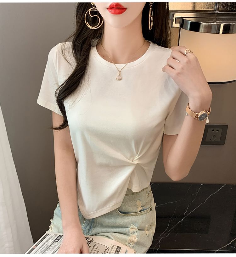 Asymmetrical Plain Short-Sleeve T-Shirt Neck Ruched Crew
