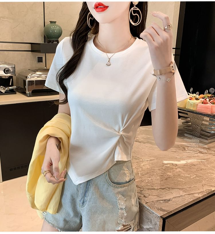 Asymmetrical Plain Short-Sleeve T-Shirt Neck Ruched Crew