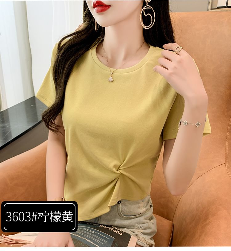 Asymmetrical Plain Short-Sleeve T-Shirt Neck Ruched Crew