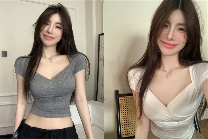 Plain T-Shirt Short-Sleeve Wrap V-Neck