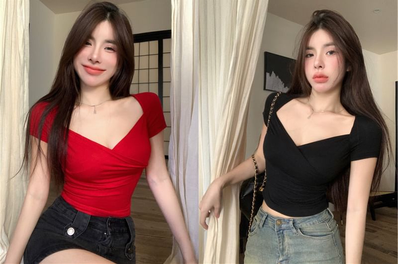 Plain T-Shirt Short-Sleeve Wrap V-Neck