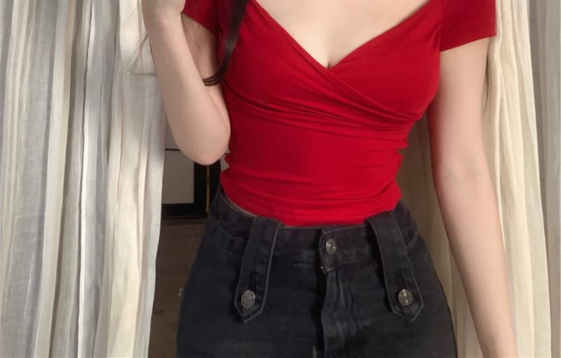 Plain T-Shirt Short-Sleeve Wrap V-Neck