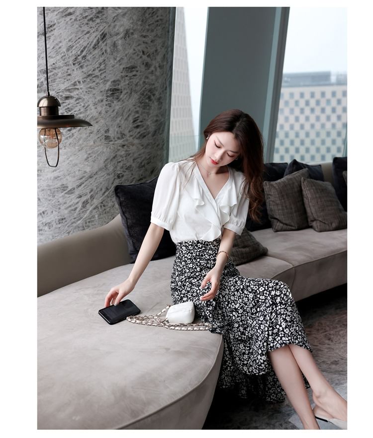 Floral A-Line Midi Print Waist Elastic Skirt