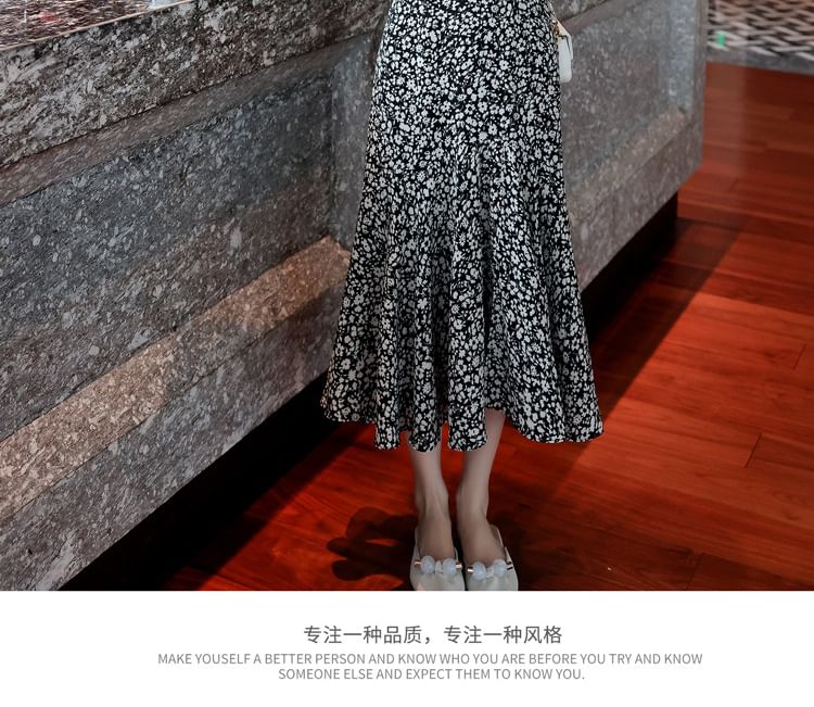 Floral A-Line Midi Print Waist Elastic Skirt