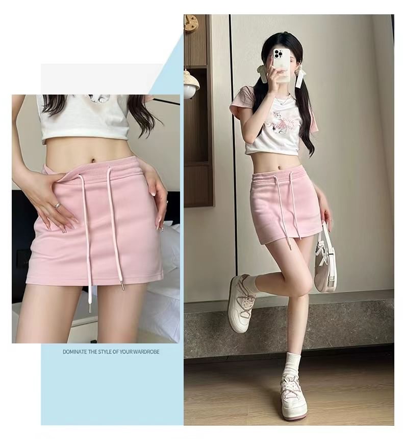 Pencil Drawstring Mini Waist Plain Skirt