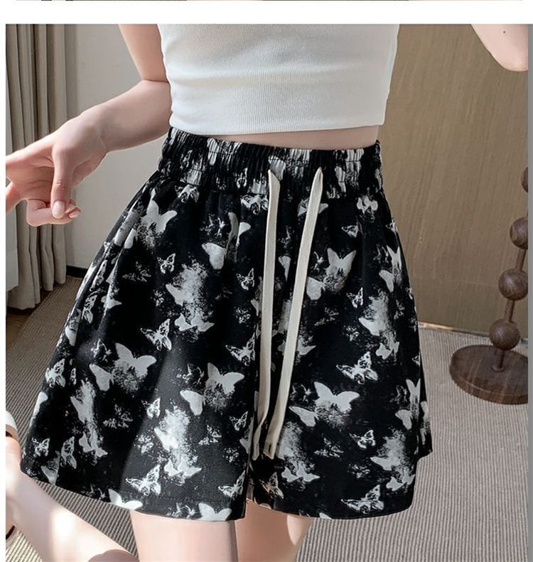 Drawstring Shorts Waist Butterfly Print