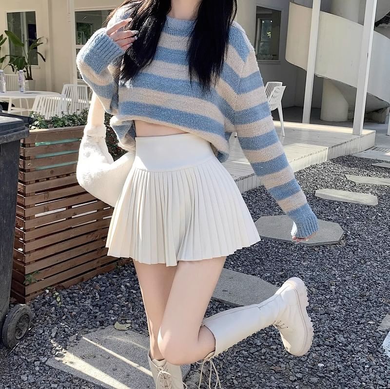 Accordion Waist Mini Pleated High Skirt Plain A-Line