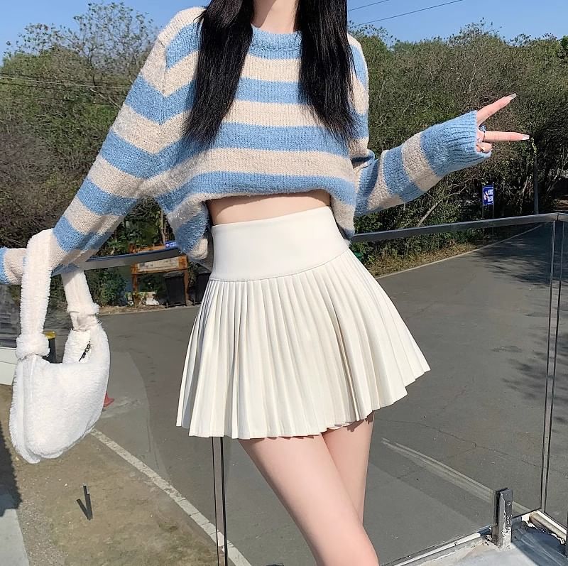 Accordion Waist Mini Pleated High Skirt Plain A-Line