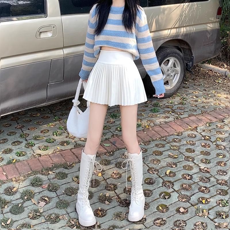 Accordion Waist Mini Pleated High Skirt Plain A-Line