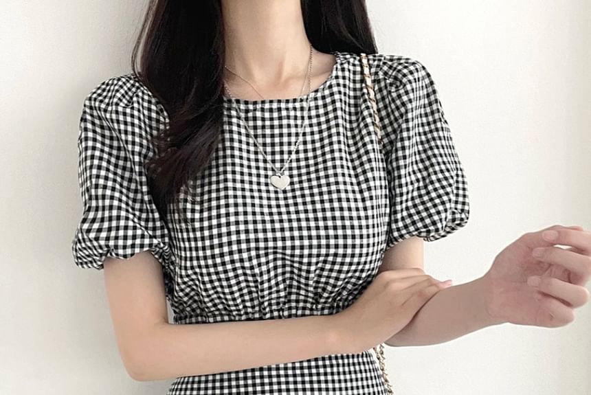 Set: Puff Sleeve Crew Neck Plaid Crop Top + High Rise Midi A-Line Skirt