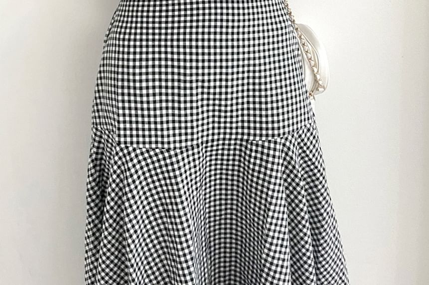 Set: Puff Sleeve Crew Neck Plaid Crop Top + High Rise Midi A-Line Skirt