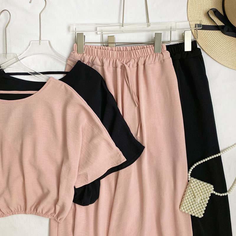 Set: Short-Sleeve Crew Neck Plain Open Back Crop Tee + Elastic Waist Wide Leg Pants