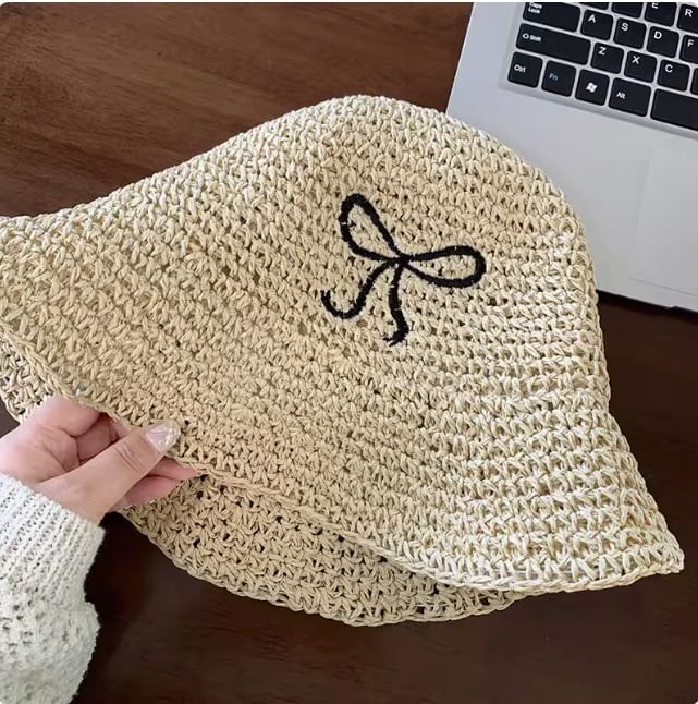 Knit Bucket Embroidered Bow Hat
