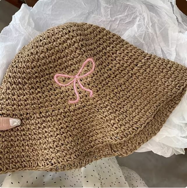 Knit Bucket Embroidered Bow Hat