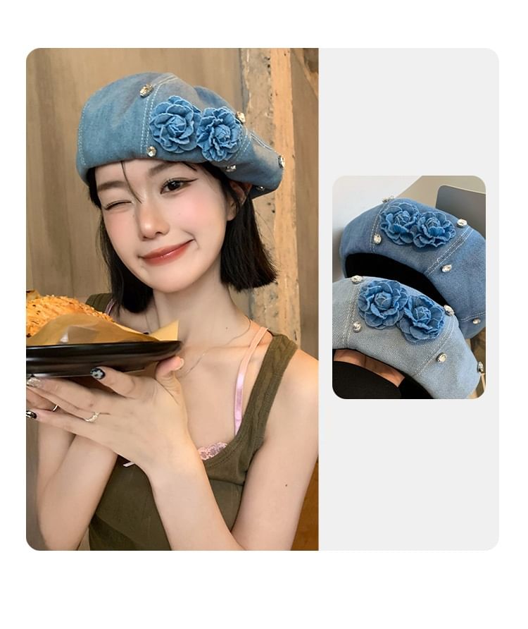 Flower Rhinestone Denim Beret