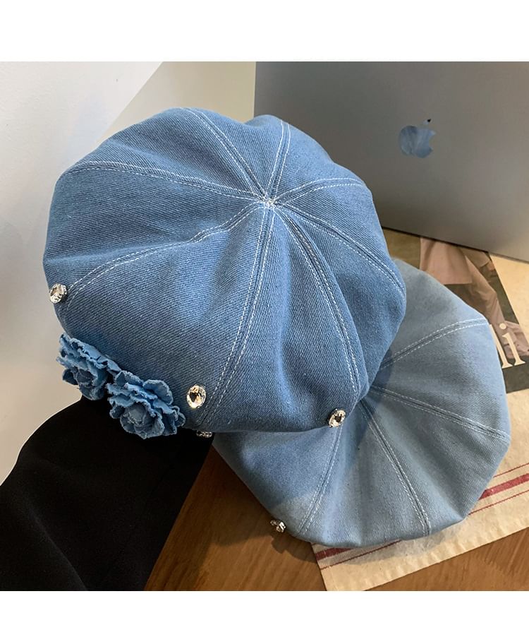 Flower Rhinestone Denim Beret
