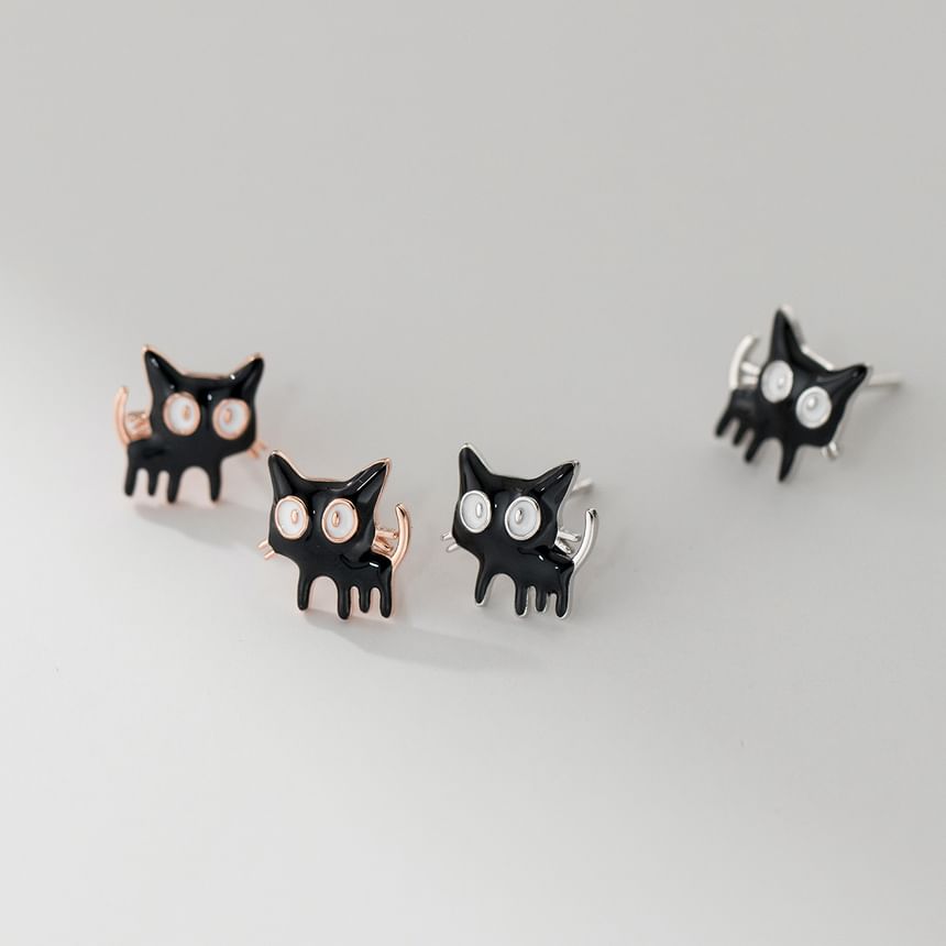 925 Sterling Silver Enamel Cat Stud Earring