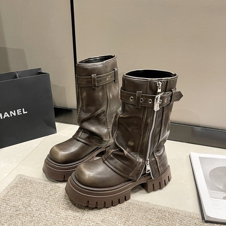 Boots Mid-Calf Chunky Platform Buckled Heel