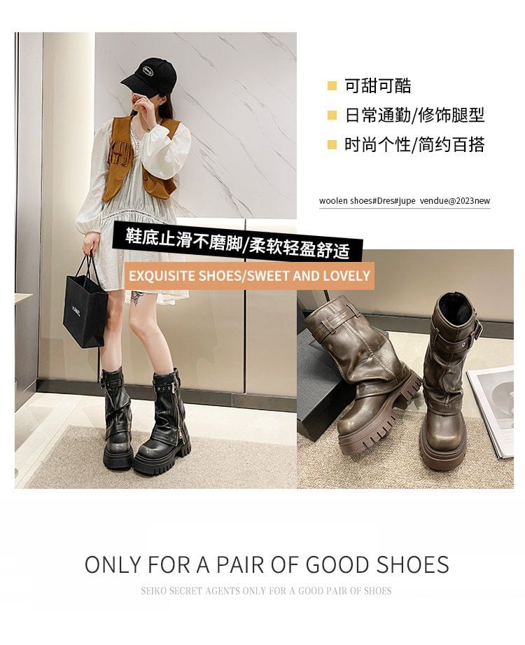 Boots Mid-Calf Chunky Platform Buckled Heel