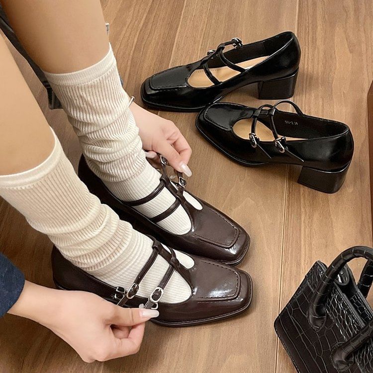 Double-Strap Square Jane Pumps Toe Chunky Heel Mary