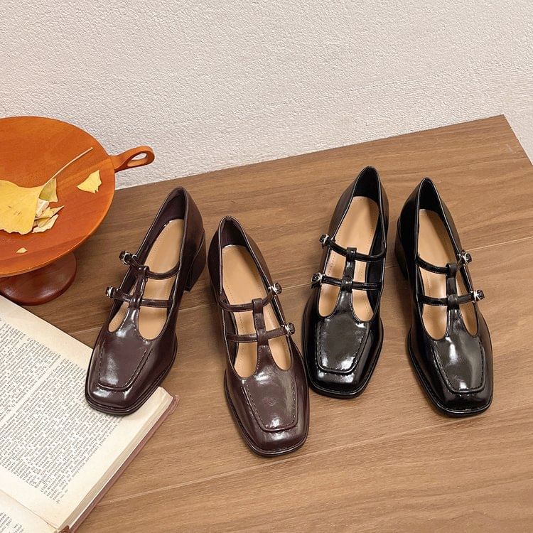 Double-Strap Square Jane Pumps Toe Chunky Heel Mary