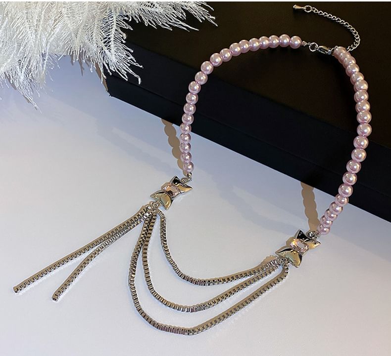 Bow Faux Pearl Layered Chain Necklace