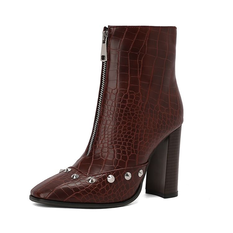 Toe Heel Boots Pointed Chunky Studded Denim Short