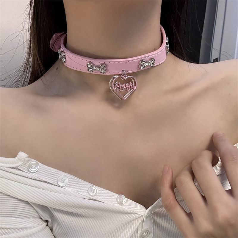 Heart Choker Rhinestone Leather Faux
