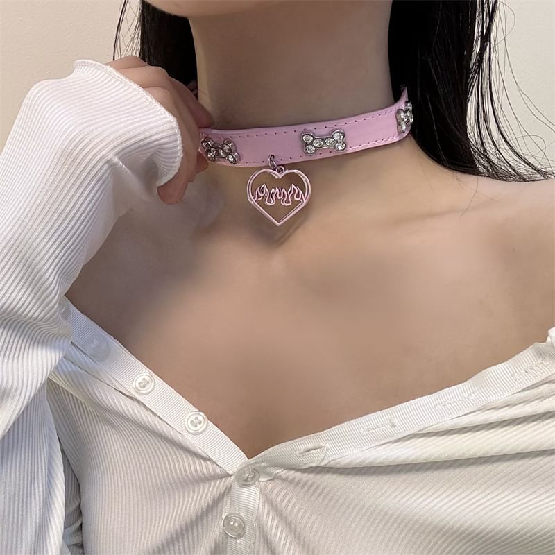 Heart Choker Rhinestone Leather Faux