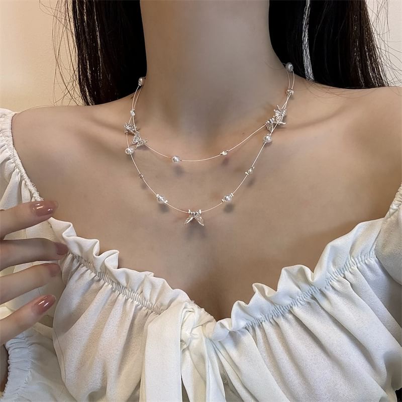 Pearl Butterfly Faux Necklace Layered