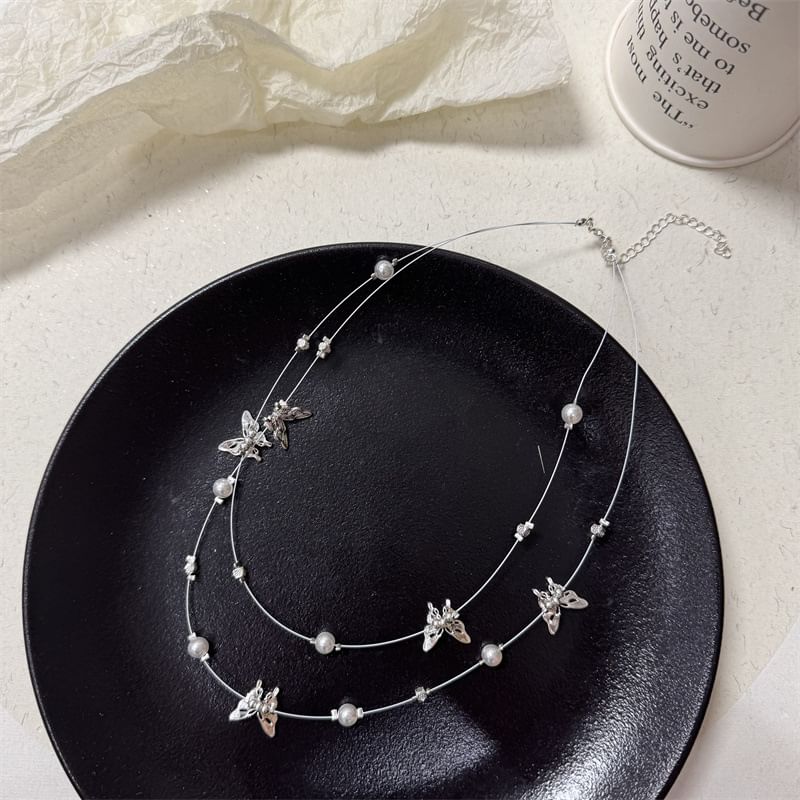 Pearl Butterfly Faux Necklace Layered