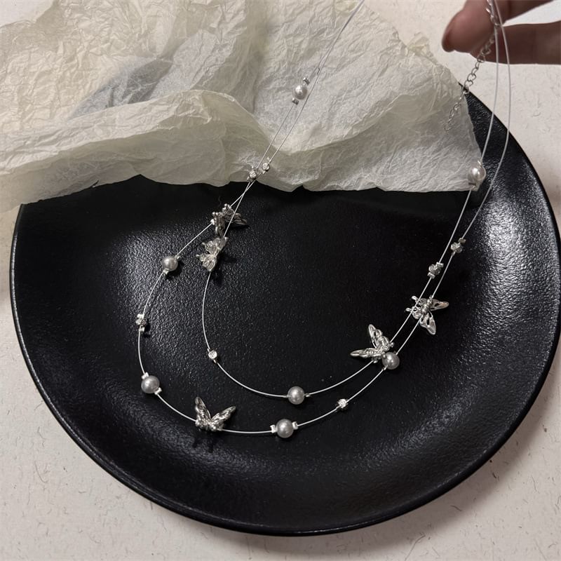 Pearl Butterfly Faux Necklace Layered