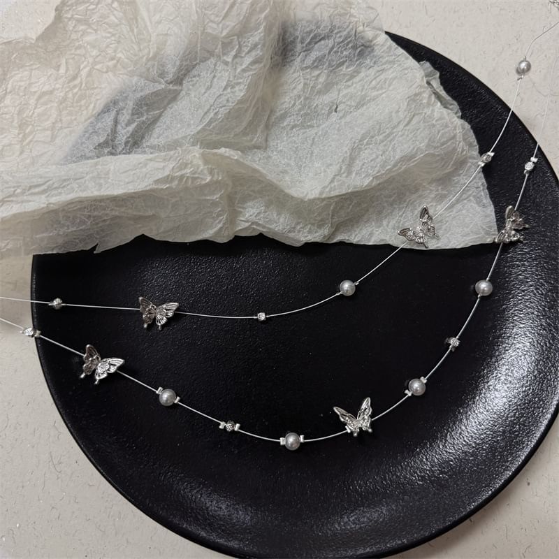 Pearl Butterfly Faux Necklace Layered