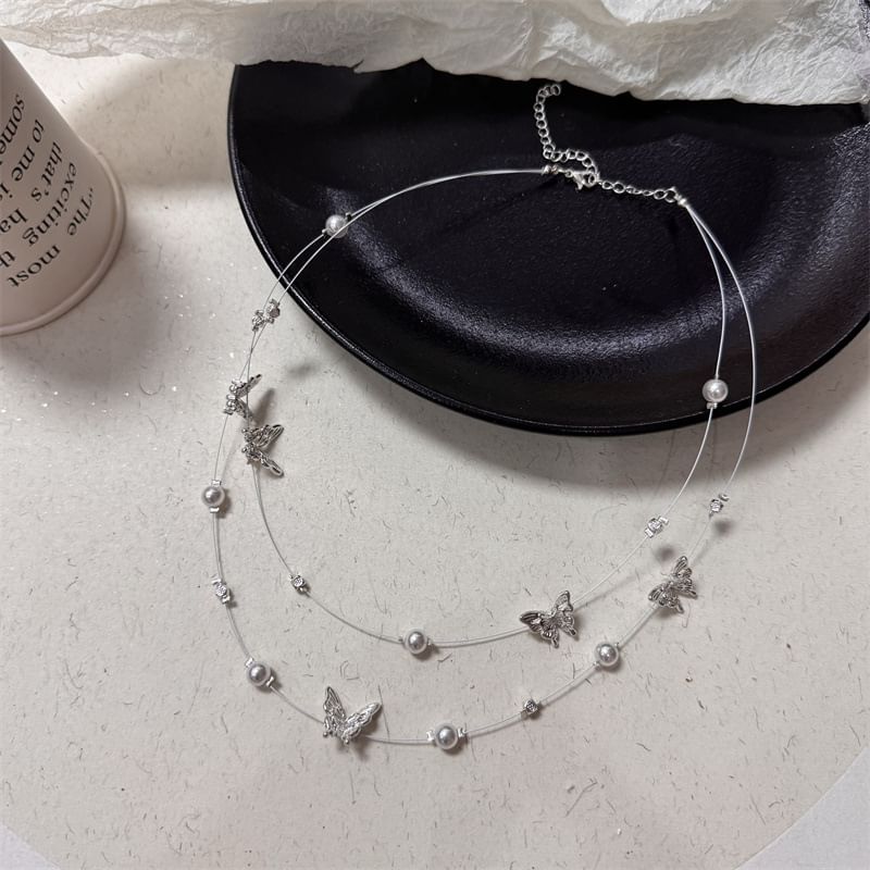 Pearl Butterfly Faux Necklace Layered