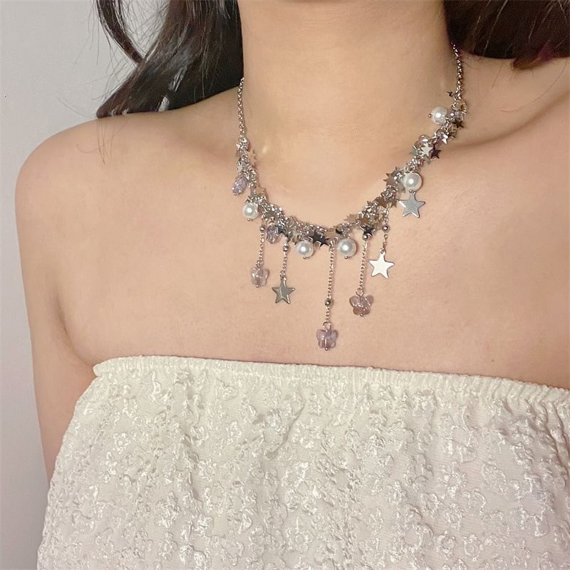 Star Pearl Beaded Faux Necklace