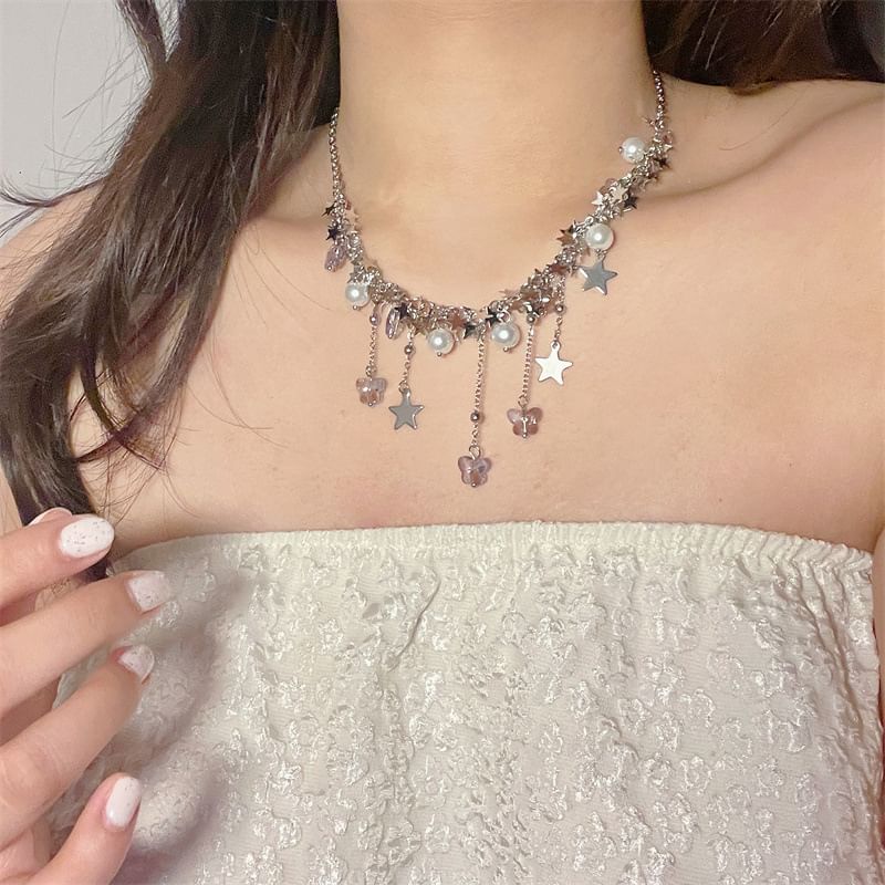 Star Pearl Beaded Faux Necklace